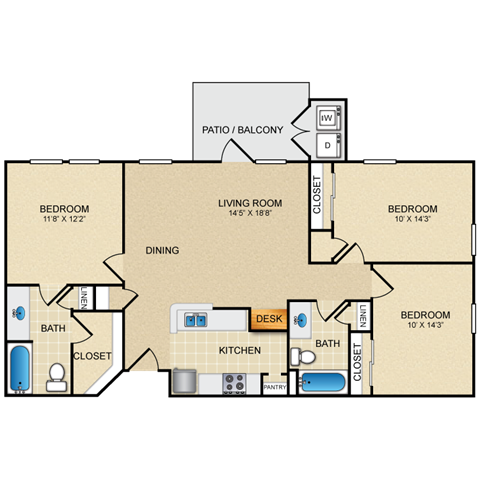 Floor plan for 3 beds, 2 baths, 1150 sqft